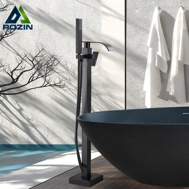 Afralia Matte Black Waterfall Bathtub Shower Faucet, Floor Standing Hot Cold Mixer Tap