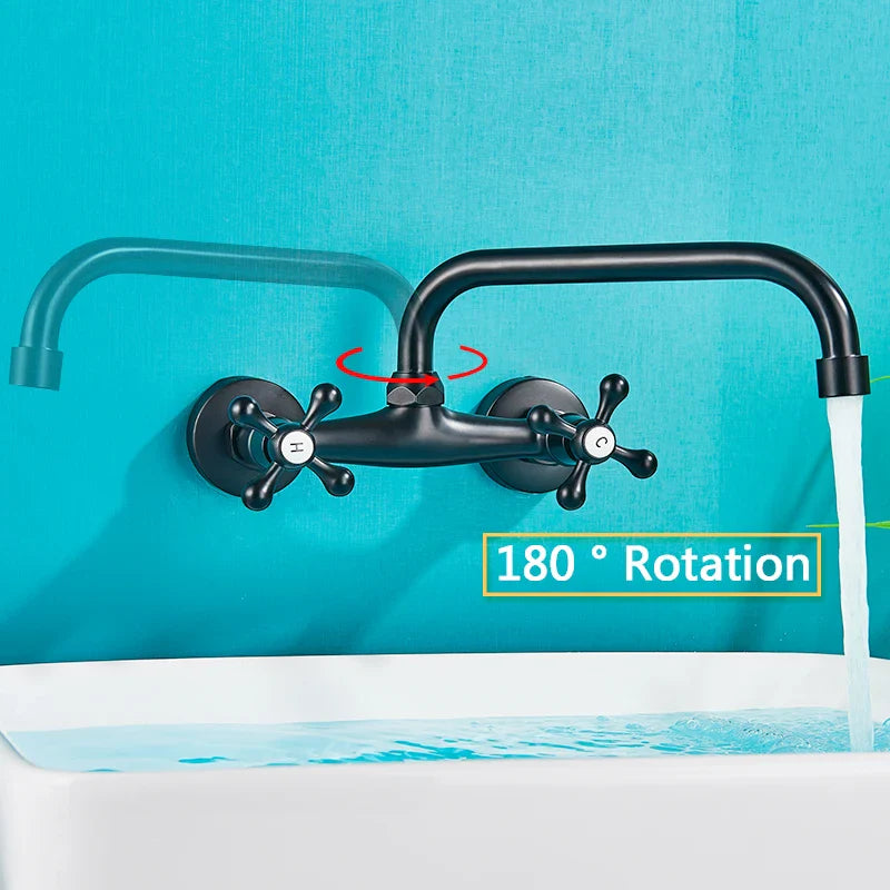 Afralia™ Antique Brass Basin Faucet Wall Mounted Dual Handles Swivel Spout Mixer Tap