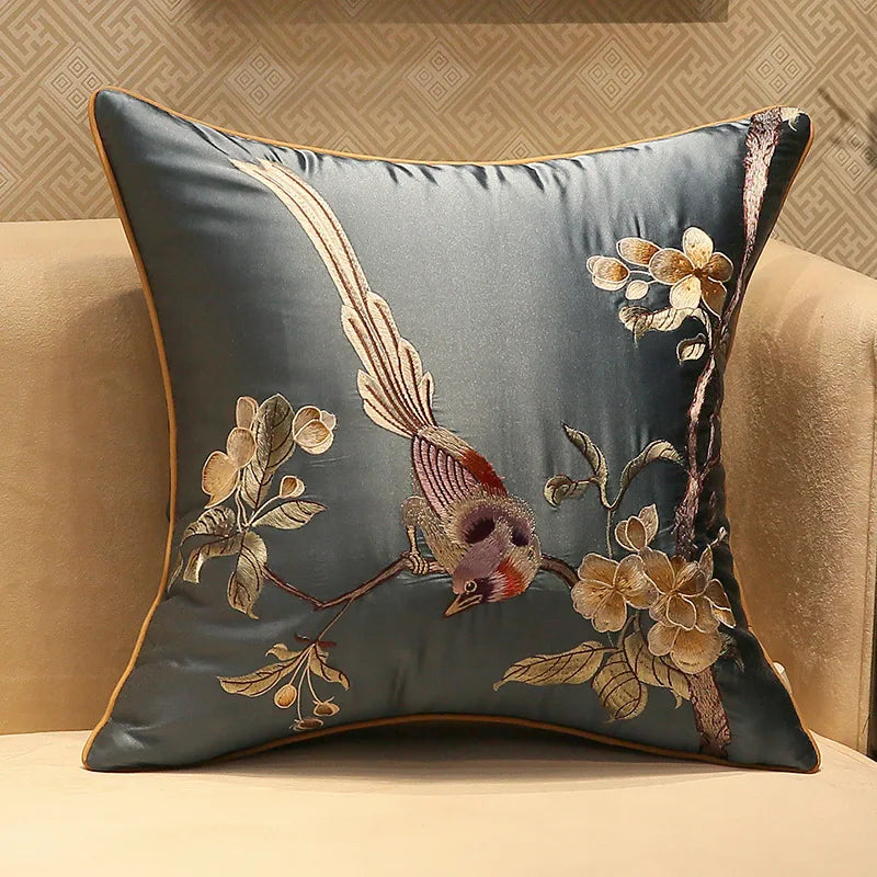 Afralia™ Silky Oriental Floral Bird Embroidery Cushion Cover for Sofa and Bedroom