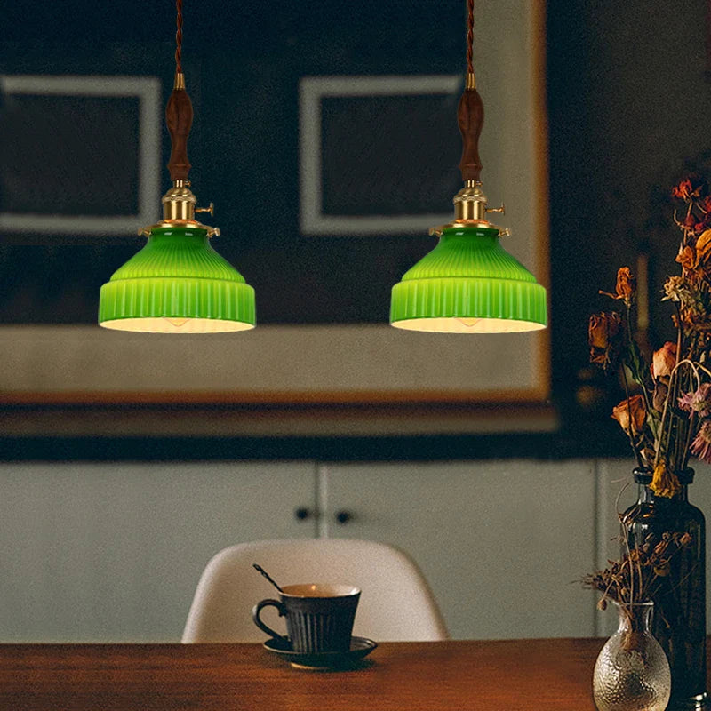 Afralia™ Modern Nordic Green Glass LED Pendant Light with Wood Hangle