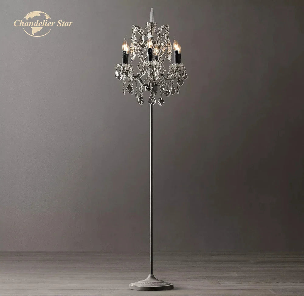 Afralia™ LED Rococo Crystal Iron Floor Lamp Chandelier, Modern Standing Candle Light