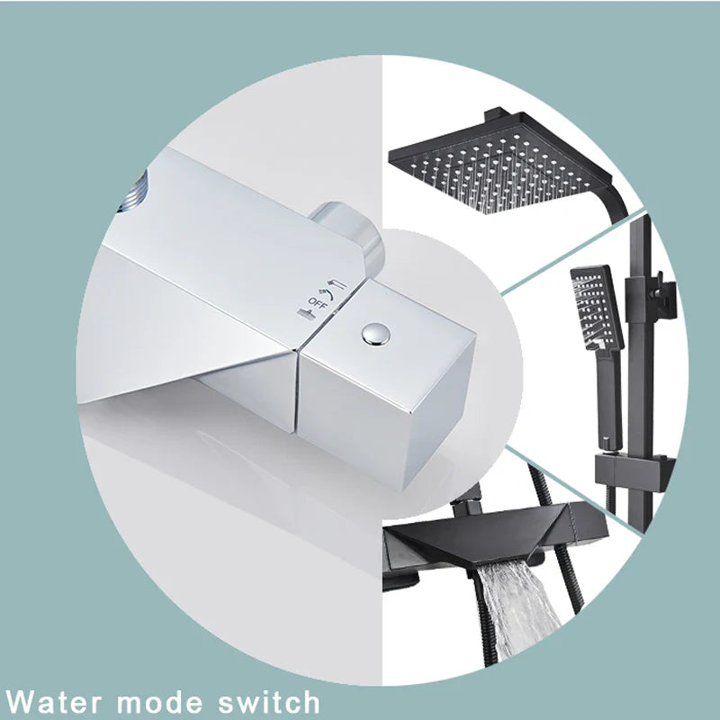 Afralia™ Matte Black Rainfall Shower & Bathtub Faucet Set with Thermostatic Mixer