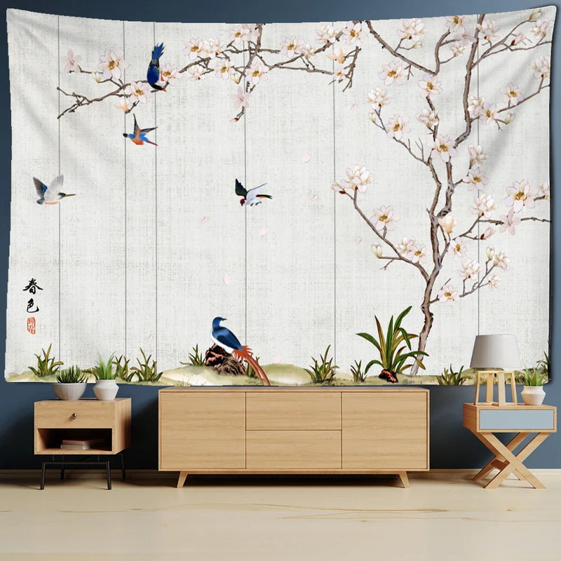 Afralia™ Flower Bird Chinese Painting Tapestry Wall Hanging Bohemian Style Home Decor