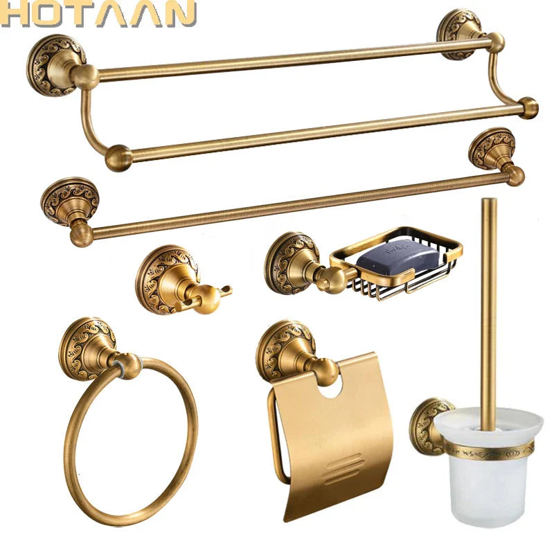 Afralia™ Brass Bathroom Accessories Set: Robe Hook, Paper Holder, Towel Bar, Soap Basket