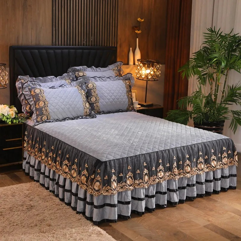 Afralia™ Crystal Velvet Bedspread Set with Super Soft Quilting & Lace Bedskirt