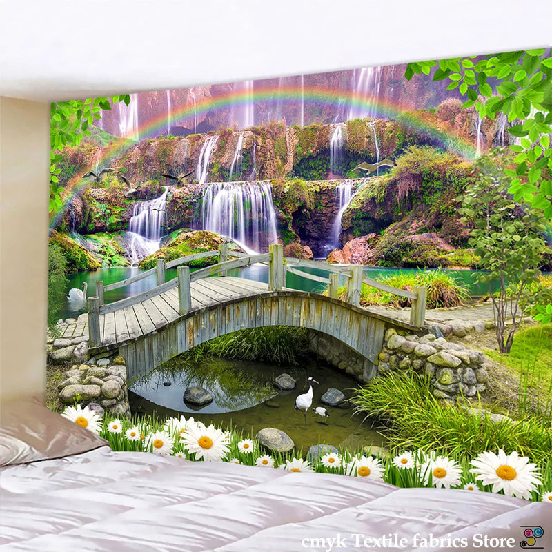 Forest Waterfall Tapestry Wall Hanging: Afralia™ Rainbow Landscape Table Mat Home Decor