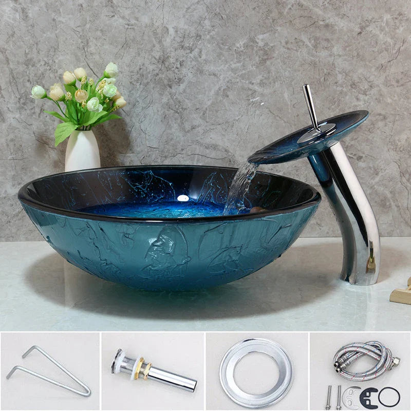 Afralia™ Blue Tempered Glass Basin Sink Set with Faucet for Bathroom Counter Top