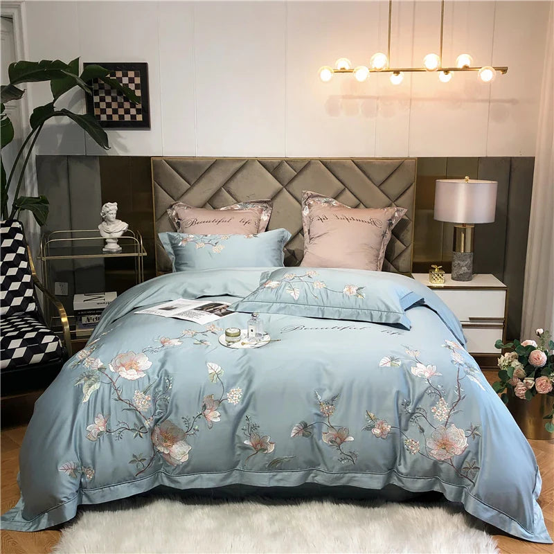 Afralia™ Luxury Bloom Flowers Embroidered Grey White Bedding Set