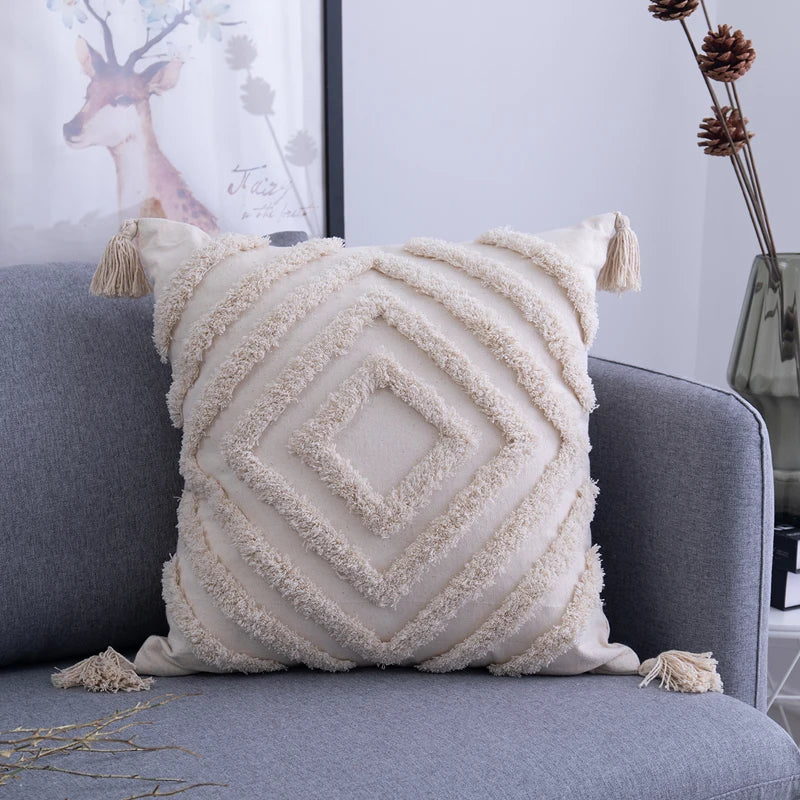 Afralia™ Beige Tassels Cushion Cover, Handmade Square Home Decoration for Living Room