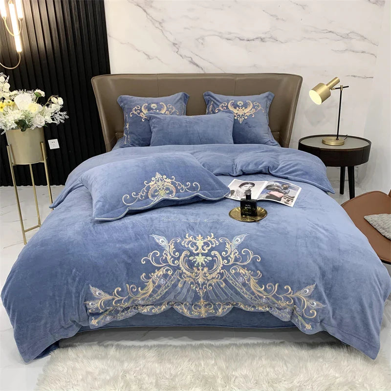 Afralia™ Luxury Velvet Embroidered Bedding Set with Plush Quilt Cover & Bed Sheet