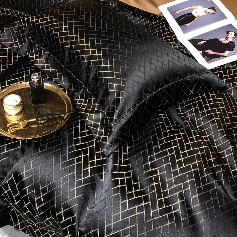 Afralia™ Black Gold Jacquard Egyptian Cotton Bedding Set - 4Pcs