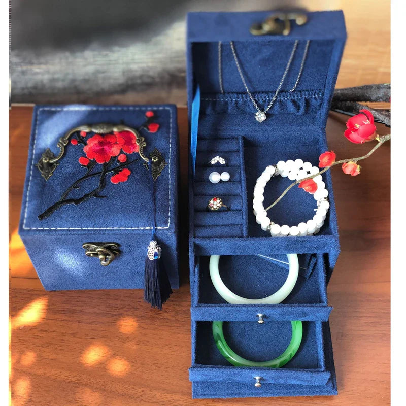 Afralia™ Three-Layer Floral Embroidery Jewelry Organizer & Makeup Box