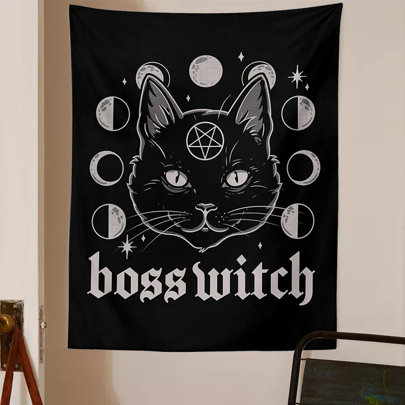 Afralia™ Cat Witchcraft Black Tapestry Wall Hanging Baphomet Occult Home Decor