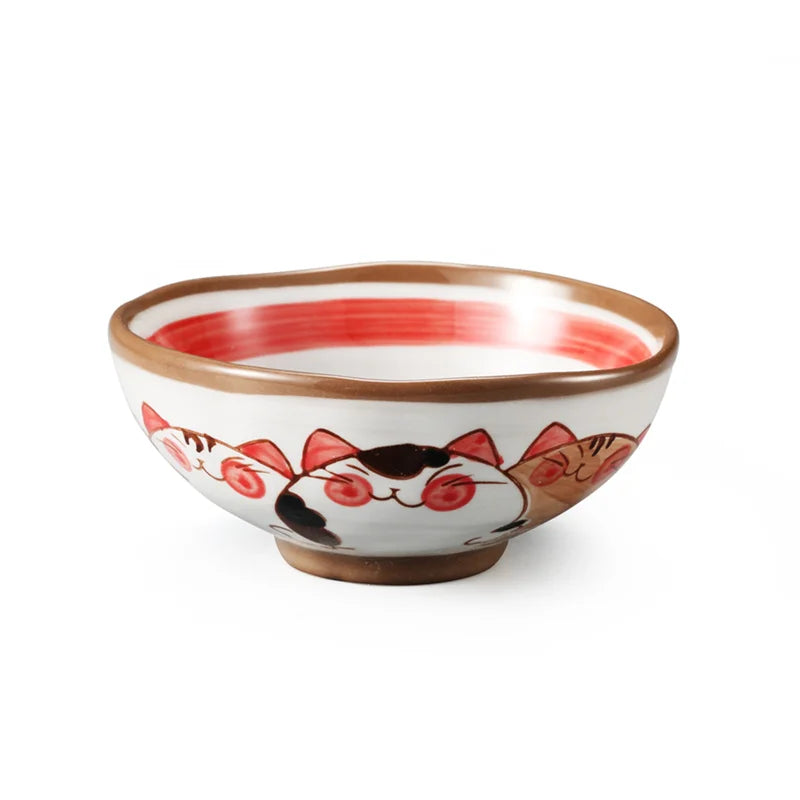 Afralia™ Japanese Style Handmade Fortune Cat Ceramic Bowl - Eco-Friendly Porcelain Bowl