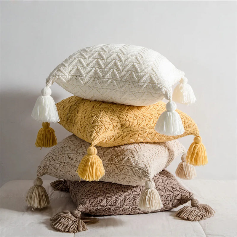 Afralia™ Chenille Knit Tassel Pillowcase Set Yellow Beige White 45x45cm Sofa Cushion