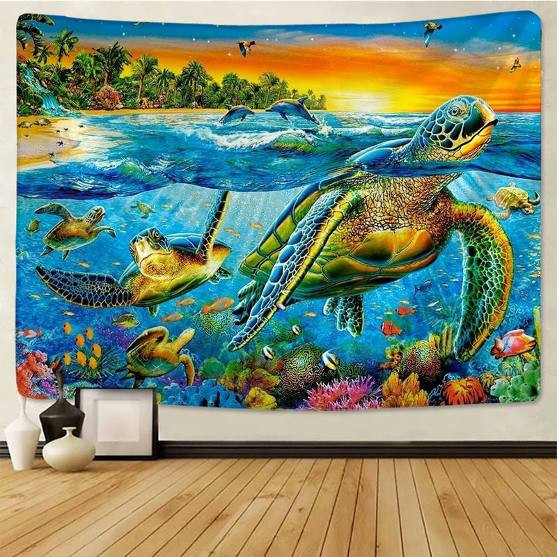 Afralia™ Rainbow Sea Turtle Dolphin Tapestry Wall Hanging Yoga Mat Beach Towel