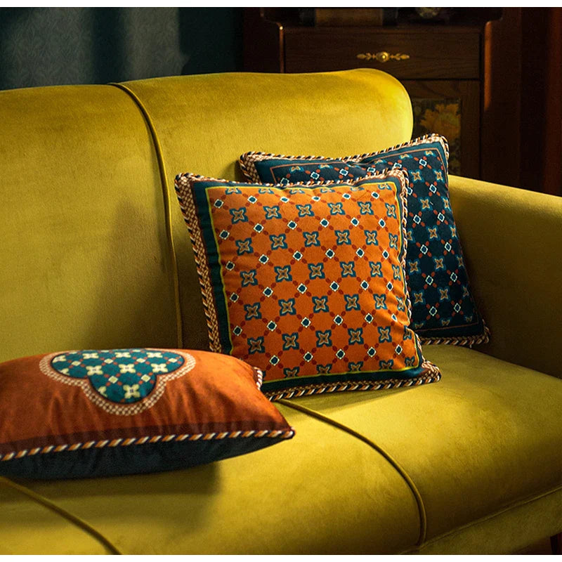 Afralia™ Plum Pattern Velvet Cushion Cover with Orange Blue Geometric Design