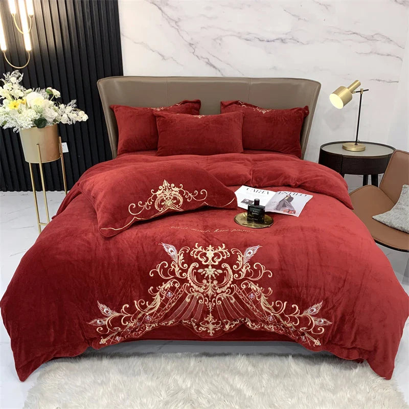 Afralia™ Luxury Velvet Embroidered Bedding Set with Plush Quilt Cover & Bed Sheet