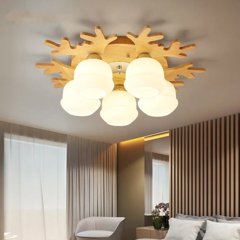 Afralia™ Nordic Wood Antlers Glass Chandelier - Modern Industrial Living Room Ceiling Light