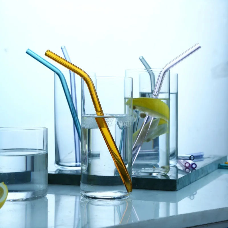 Afralia™ 6Pcs Colorful Glass Curved Juice Straws - Heat-resistant and Transparent