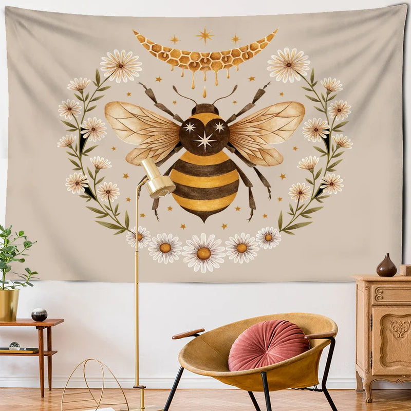 Afralia™ Psychedelic Bee Tapestry Wall Daisy Flower Home Decor for Bohemian Hippie Vibes