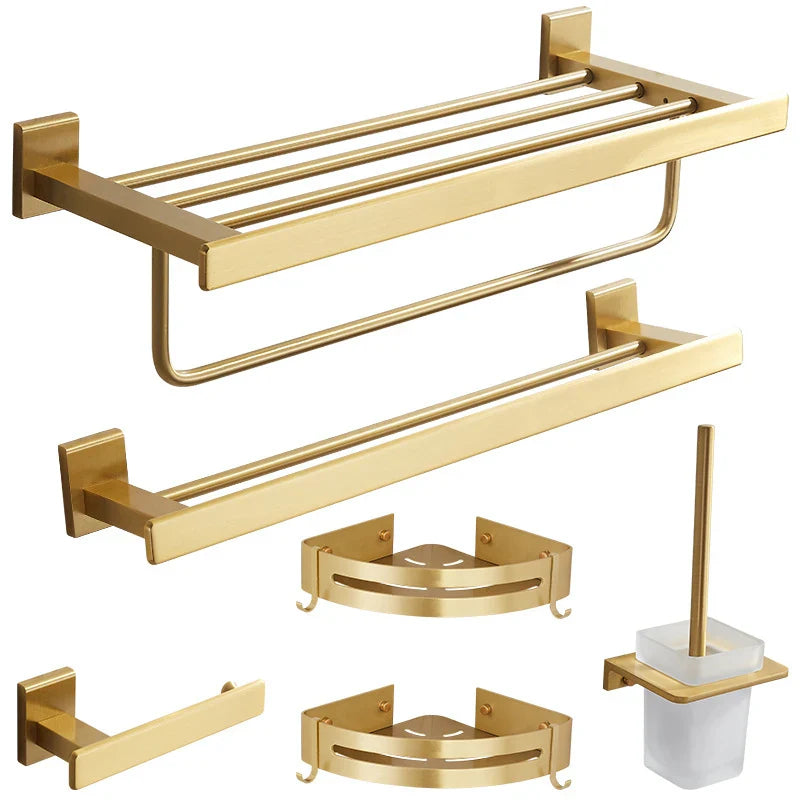 Afralia™ Brushed Gold Bathroom Set: Shelf, Towel Rack, Holder, Toilet Brush - Bath Hardware