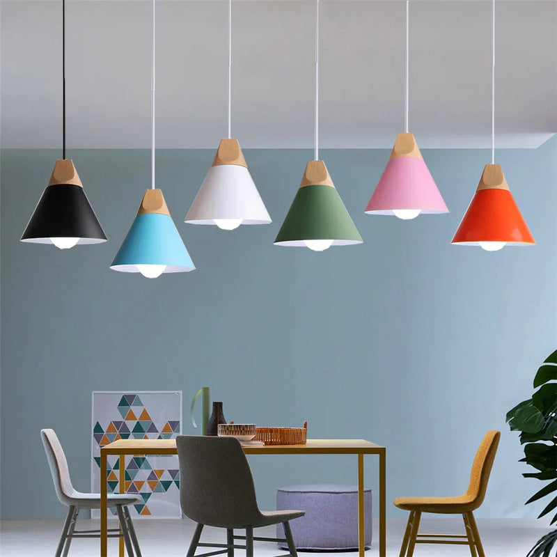 Afralia™ Cone Wood Pendant Lights Multicolor Aluminum Lampshade for Dining Room Home Lighting