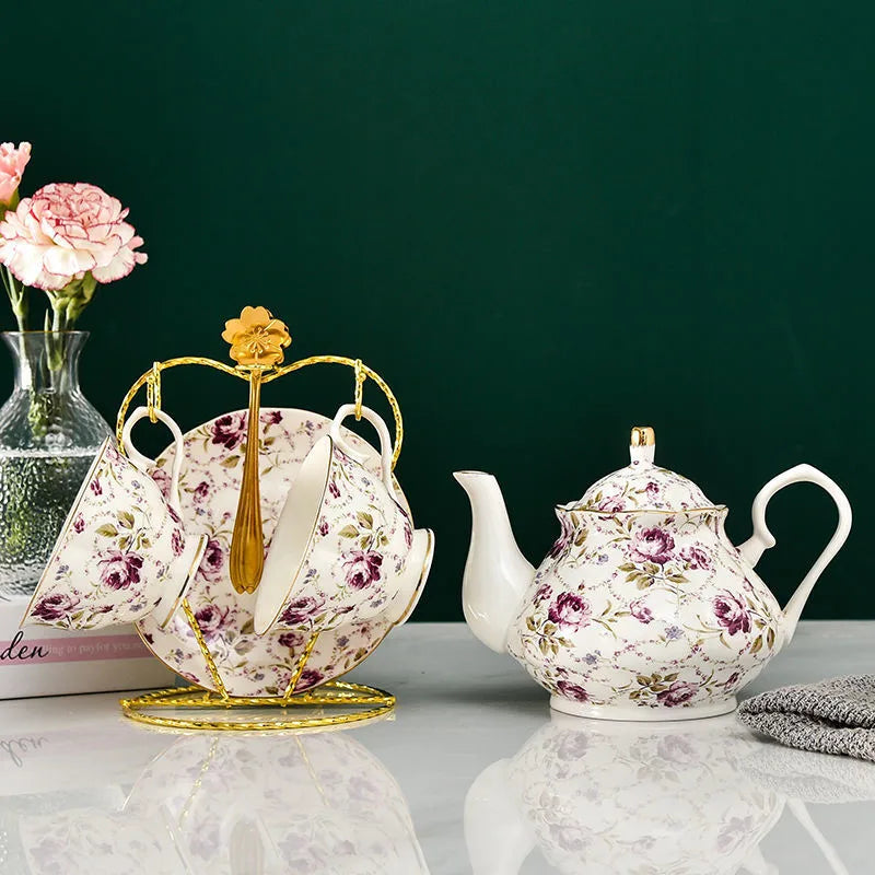 Afralia™ Luxury Bone China Tea Set with Teapot, Cups, and Saucers