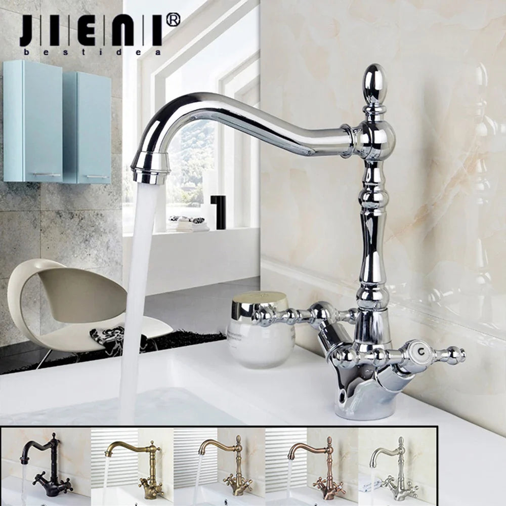 Afralia™ Antique Brass Dual Handle Swivel Sink Faucet Rotated Mixer Tap