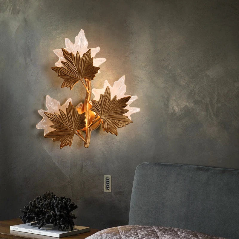 Afralia™ Luxury Copper Maple Leaf Crystal Glass Wall Sconce