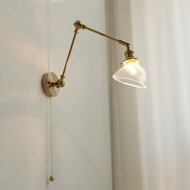 Afralia™ Copper Glass LED Wall Light with Pull Chain Switch, Swing Arm Sconce