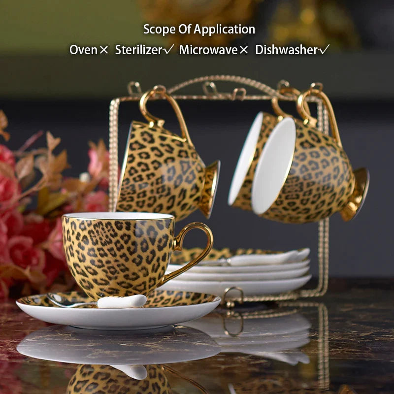 Afralia™ Leopard Print Bone China Coffee Set Tea Pot Cup Luxury Porcelain Drinkware