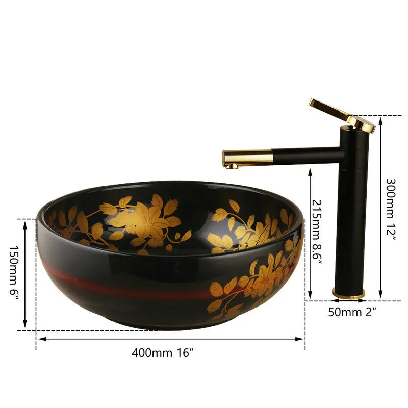 Afralia™ Black Ceramic Hand-Painted Washbasin with Swivel Brass Faucet