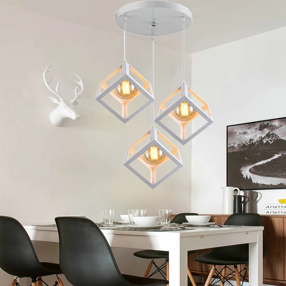 Afralia™ Geometric Cube Pendant Lights Trio Metal Shades Square Ceiling Lamps