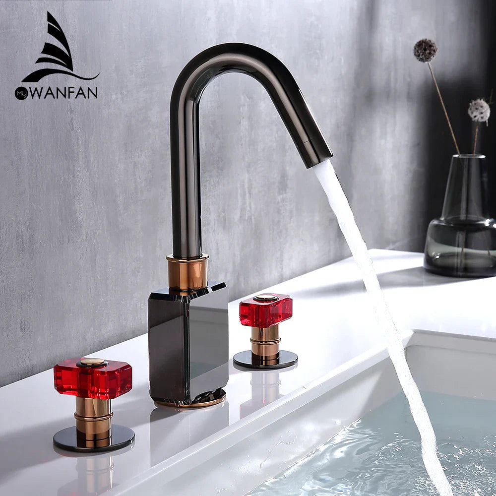 Afralia™ Gray Brass Basin Faucets, Deck Mounted Double Handle Bathroom Sink Tap