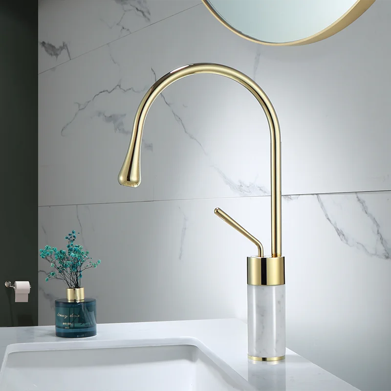 Afralia™ Brushed Gold Brass & Marble Bathroom Sink Faucet