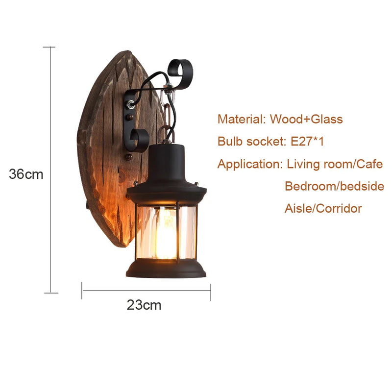 Afralia™ Vintage Wood Glass Wall Light for Restaurant Cafe Bar Bedroom Home