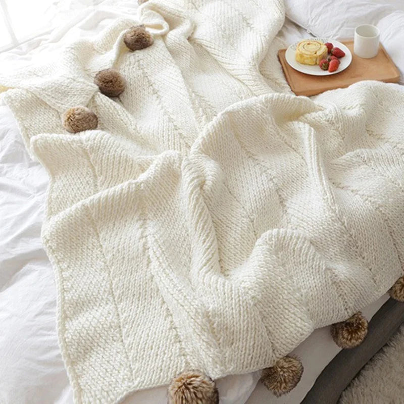 Afralia™ Chunky Chenille Knit Blanket with Pompoms - Cozy Home Decor & Sofa Throw