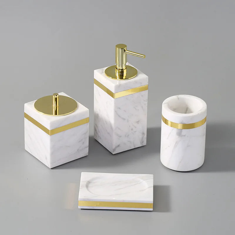 Afralia™ Volakas White Marble Bathroom Set Luxury Bath Accessories Gold Accents