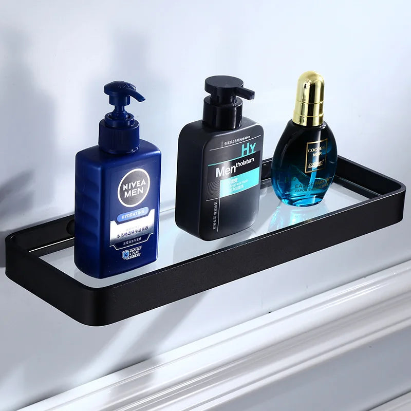 Afralia™ Black Aluminum Glass Shelf 20-45cm Square Bathroom Rack