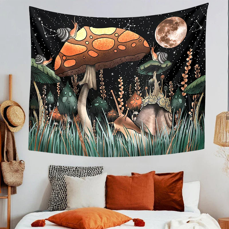 Afralia™ Mushroom Moon Psychedelic Snail Mandala Wall Tapestry Hippie Fantasy Decor