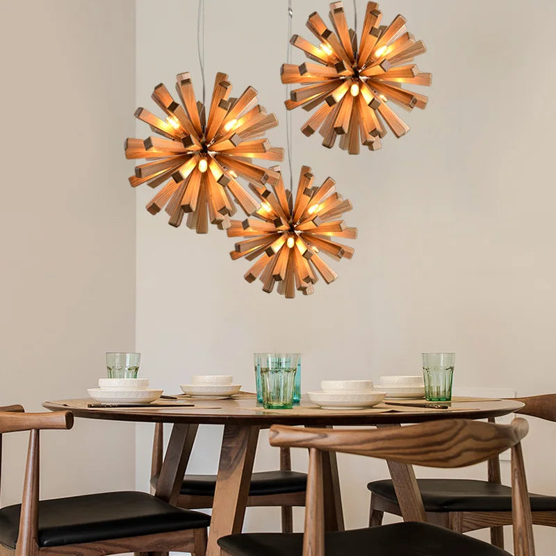 Afralia™ Nordic Dandelion Wooden Pendant Lights for Tea Room Dining Living, Artistic Personality Lamp