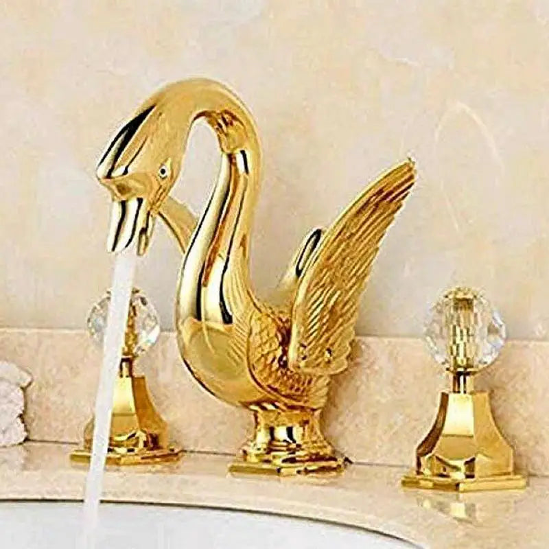 Afralia™ Swan Style Dual Handle Basin Faucet - Golden Widespread Bathroom Mixer Tap