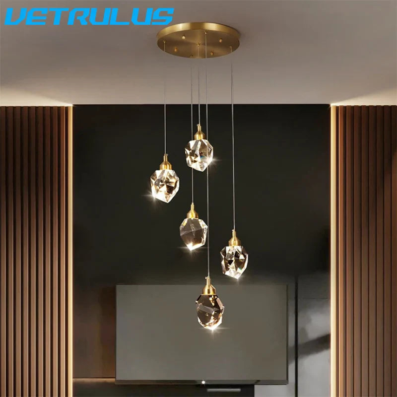Afralia™ Diamond Crystal LED Chandelier, Brass Ceiling Pendant Light for Dining Room