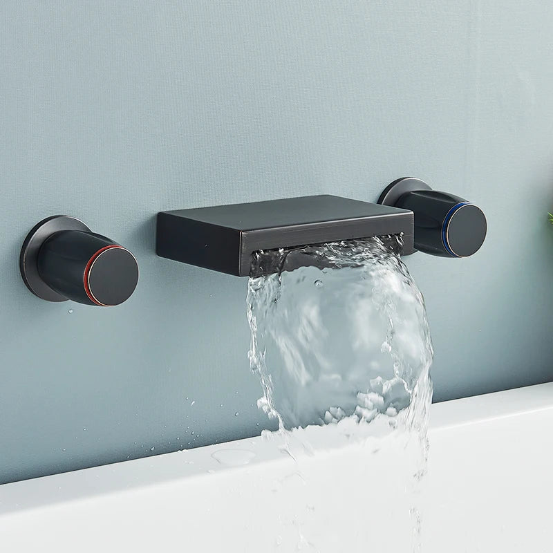 Afralia™ Black Bronze Wall Mounted Waterfall Bathroom Faucet with Dual Handles