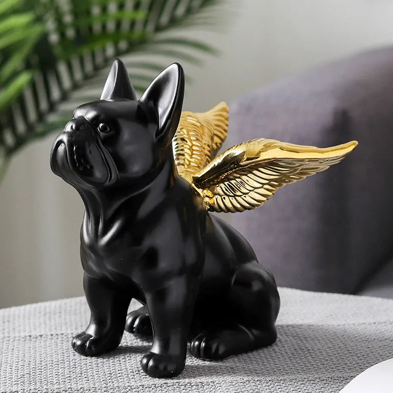 Afralia™ Nordic Black Bulldog with Wings Ceramic Sculpture for Home Office Decor