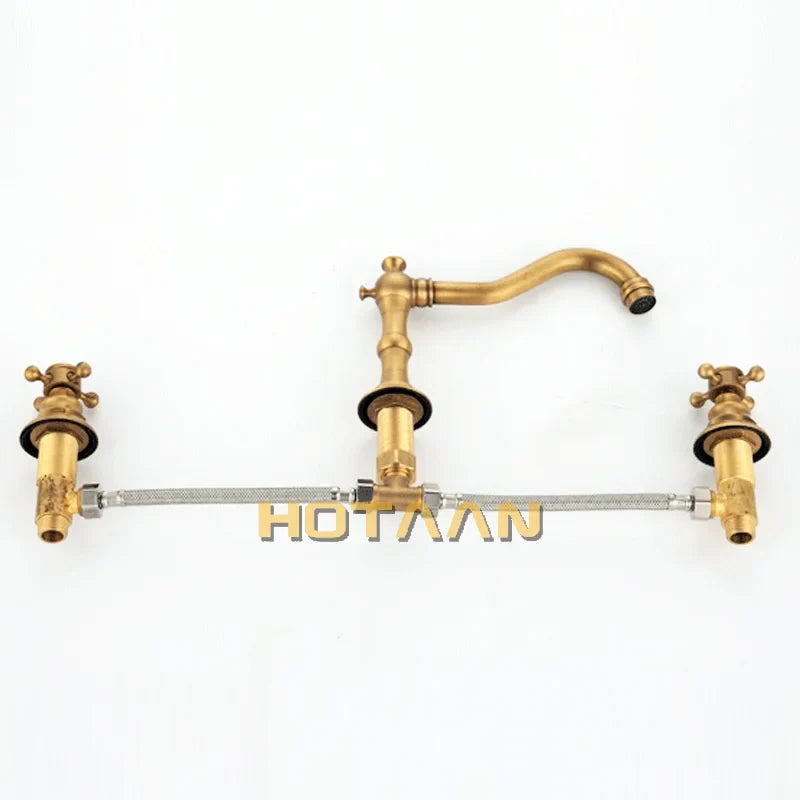 Afralia™ Antique Brass Basin Mixer Tap with Dual Handles, Deck Mounted Kitchen Faucet