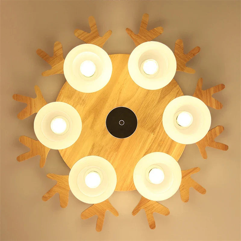 Afralia™ Nordic Wood Antlers Glass Chandelier - Modern Industrial Living Room Ceiling Light