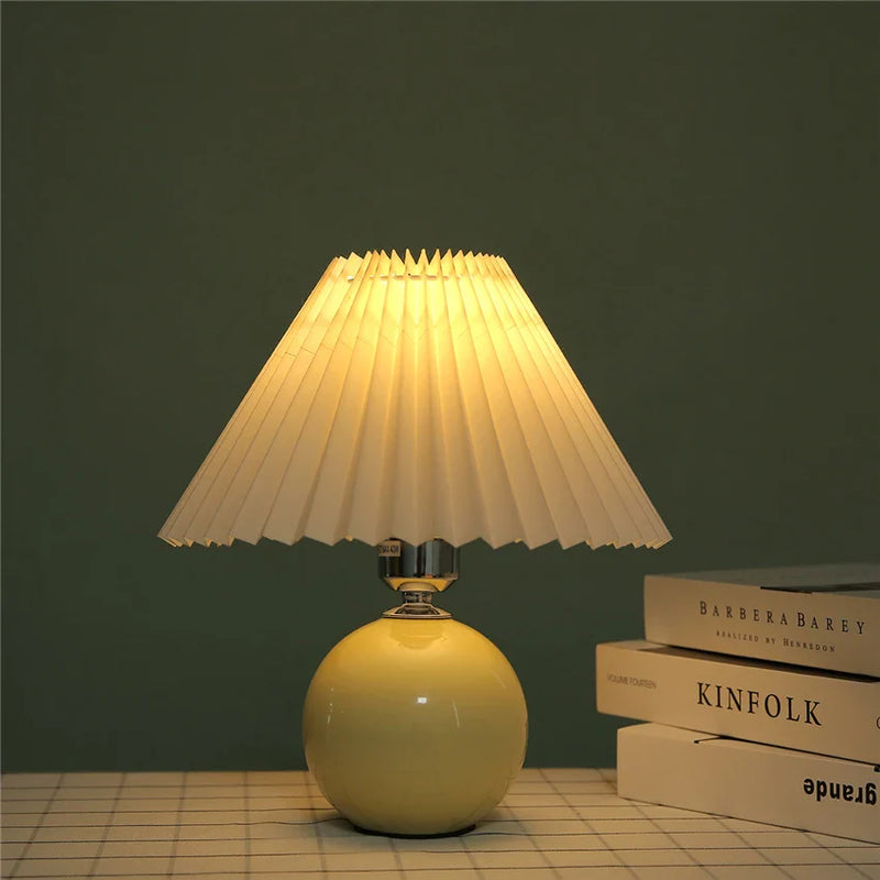 Afralia™ Japanese Ceramic Table Lamps Living Room Pleated Skirt Lampshade Warm Bedroom Lighting