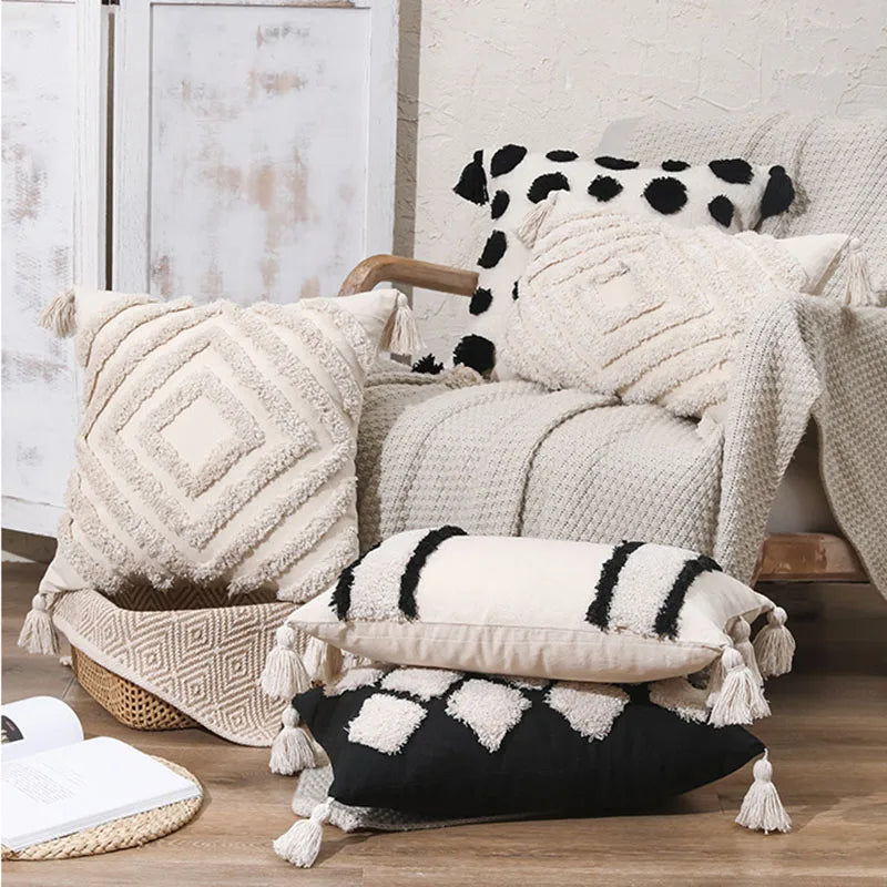 Afralia™ Boho Tufted Beige White Tassel Pillow Cover Home Decor Square Beaded Case